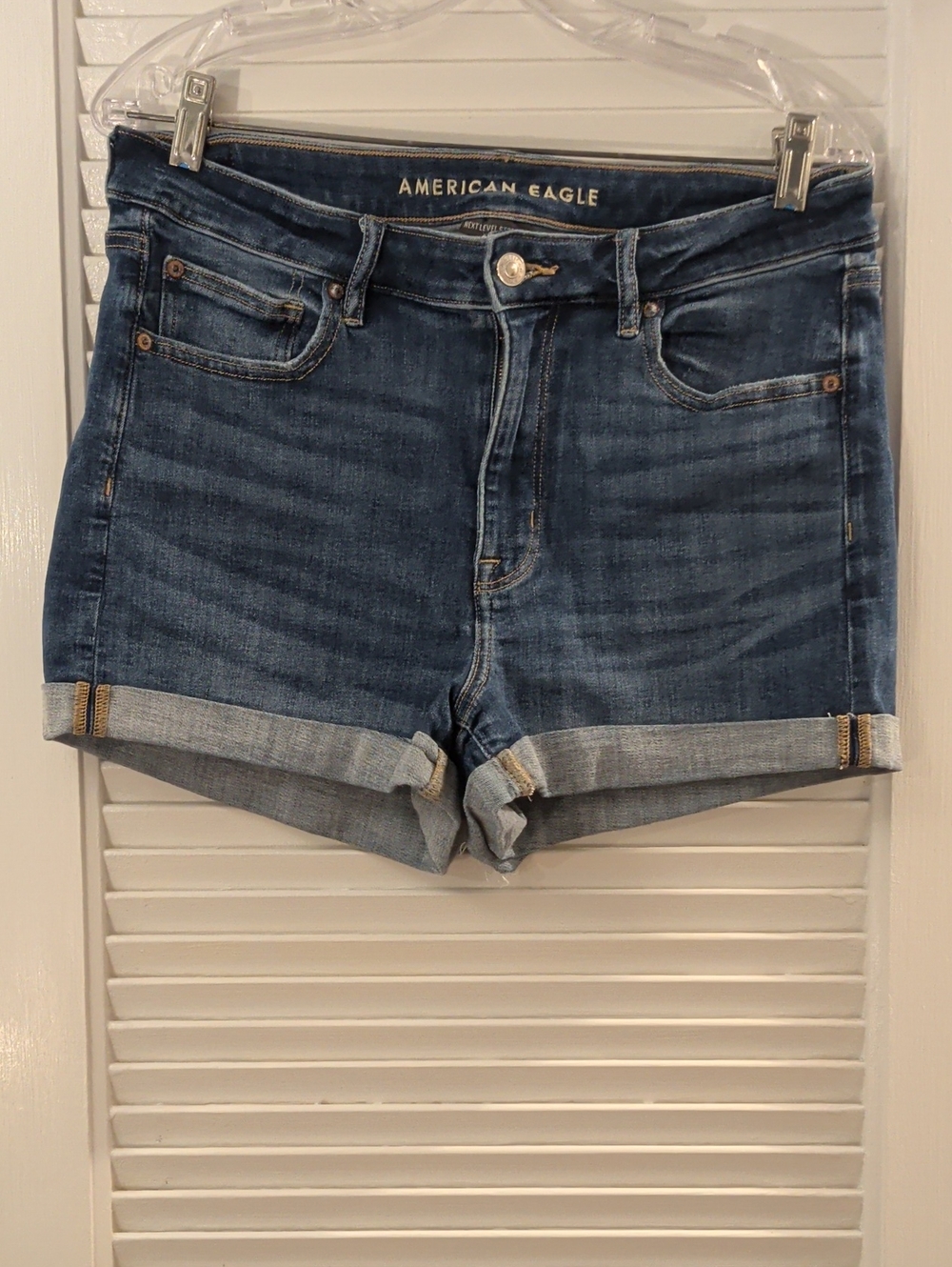 American Eagle Outfitters High Rise Shorty Medium Blue Rolled Hem Denim Shorts